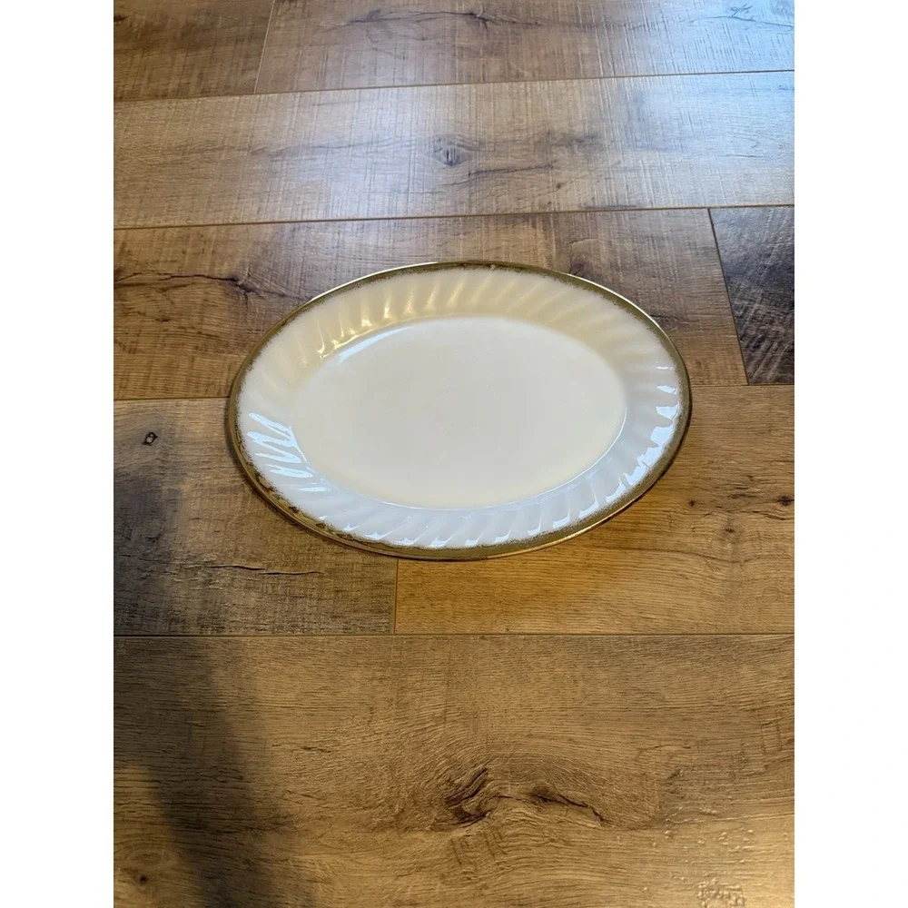 Vintage Anchor Hocking Fire King Milk Glass Gold Rim Swirl Oval Platter 12x9